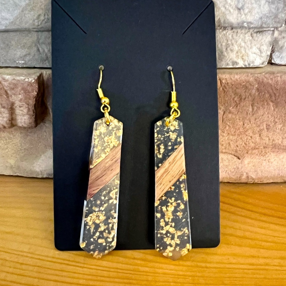 Wood and gold fleck resin earrings